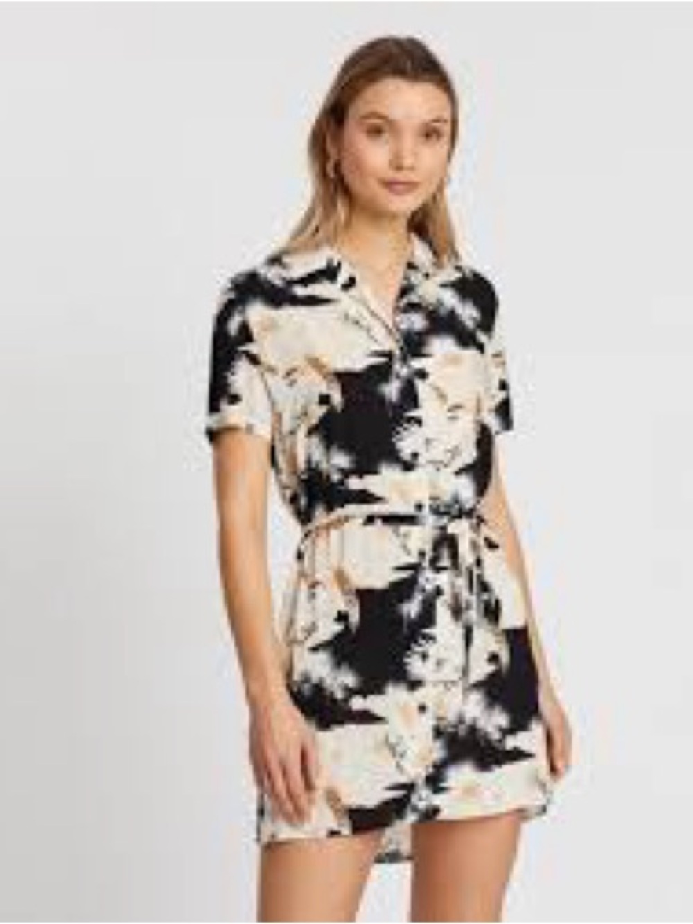 AllSaints Amia Talon Tie Waist Shirt Dress Black Crane Avian Print Mini Size M